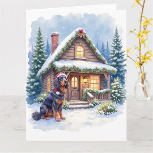 Cartão Gordon Setter Snowy Lodge Chapéu de Papai Noel Art