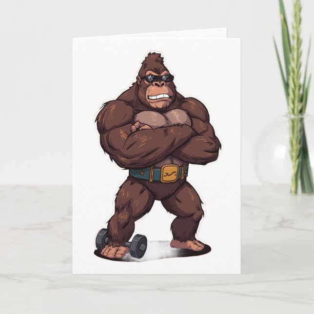 Cartão Gorilla Bodybuilder Weight Lifter Pop Art Cartoon (Frente)