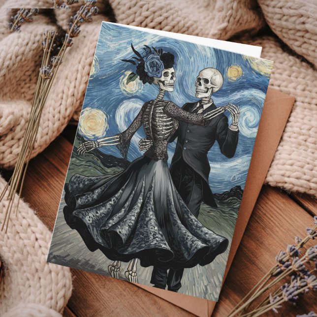 Cartão Gothic Elegant Skeletons Dance Moonlight Van Gogh (Criador carregado)