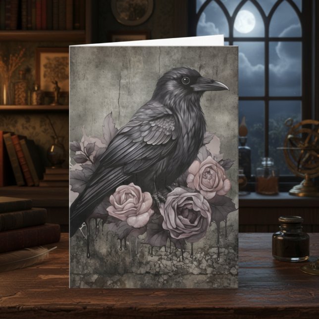 Cartão Gothic Raven Pink Floral Dark Academia (Black raven with roses note card)