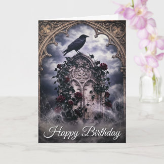 Cartão Gothic Ravens & Roses Tombstone Birthday Card