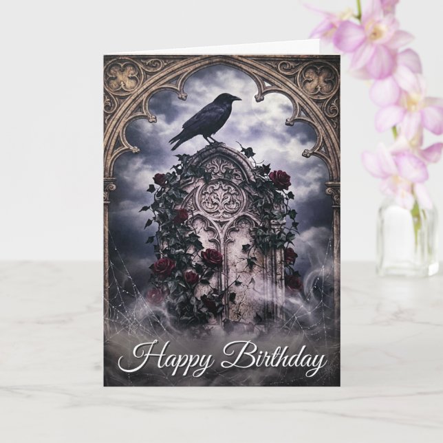Cartão Gothic Ravens & Roses Tombstone Birthday Card (Orquídea)