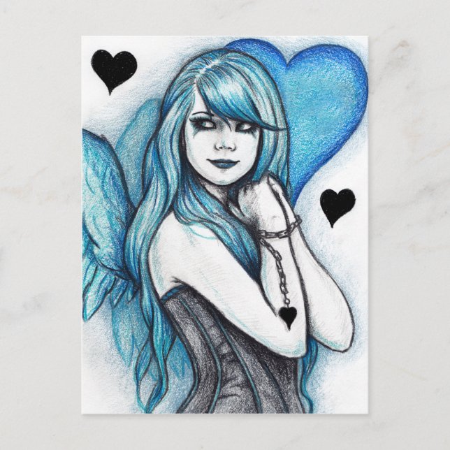 Cartão gótico da fantasia do anjo azul do coração (Frente)