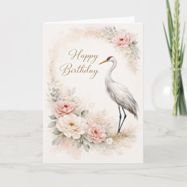 Cartão Graceful Crane Birthday Elegance (Frente)