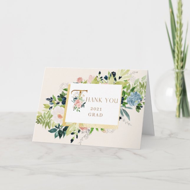 Cartão Graduação de Foto Azul - Blush floral Obrigado (Frente)