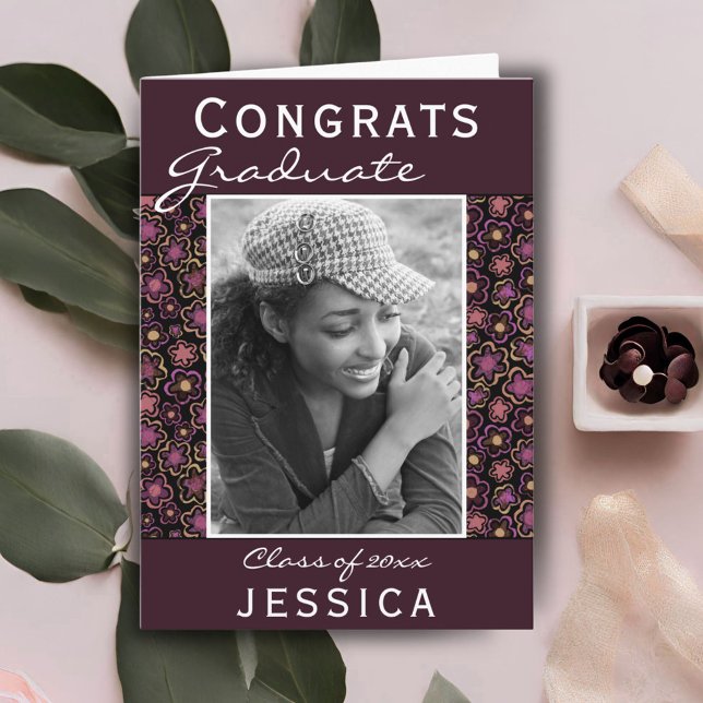 Cartão Graduação de Foto do Padrão de Flor do Formando (Criador carregado)