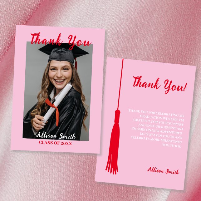 Cartão Graduação de Foto Feminina Rosa e Vermelha Obrigad (Pink & Red Feminine Photo Graduation Thank You Card)