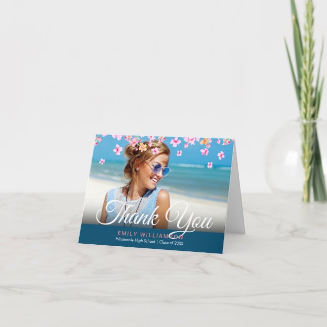 Cartão Graduação de Foto Floral do Flor Rosa Obrigado (Frente)