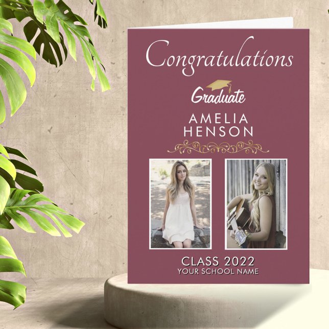 Cartão Graduação de Fotos do Formando Burgundy Dourado 2 (Criador carregado)