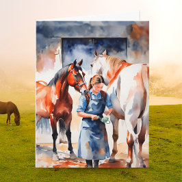 Cartão Graduação de Veterinária em Aquarela com Cavalos a