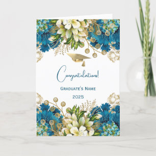 Cartão Graduação Floral Dourada Glam Blue