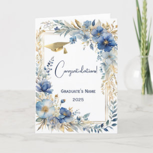 Cartão Graduação Personalizada Floral Dourada Azul Elegan