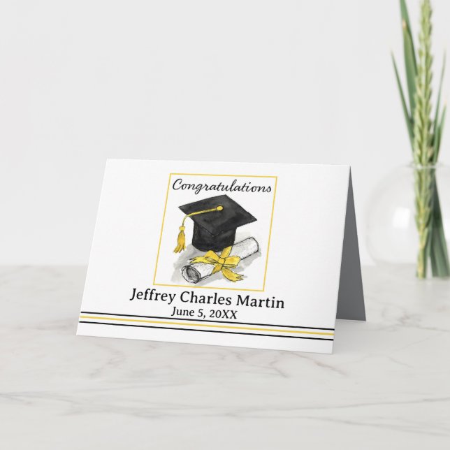 Cartão Graduation Congratulations Black Cap Custom Name (Frente)