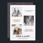 Cartão Gráfico mínimo | Ano em análise 3 colagem fotográf<br><div class="desc">A tipografia gráfica contemporânea e mínima em negrito apresenta três fotos quadradas favoritas com legendas personalizadas,  com seu nome de família e "que ano!" abaixo,  O verso da placa apresenta um pop de cor coordenadora (burgundy) com padrão de estrela de inverno Qualquer cor disponível mediante solicitação</div>