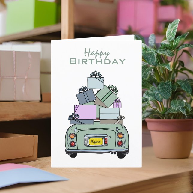 Cartão Gráficos Green Figaro Car Happy Birthday Card (A cute green figaro birthday card you can send to your car or your friends)