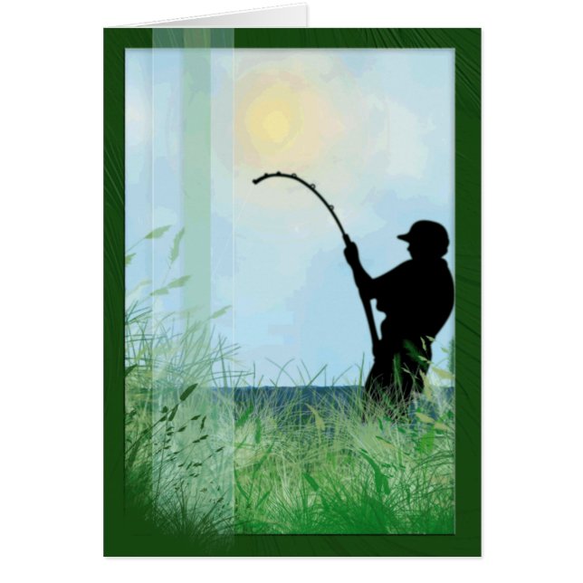 Cartão Grama e lago e pescador (Frente)