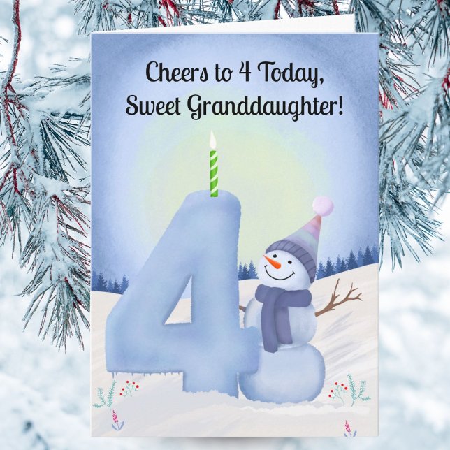 Cartão Granddaughter 4th Birthday Snowman with Snowy Four (Criador carregado)