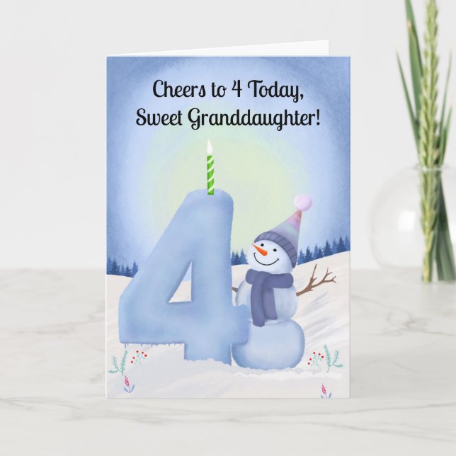 Cartão Granddaughter 4th Birthday Snowman with Snowy Four (Frente)