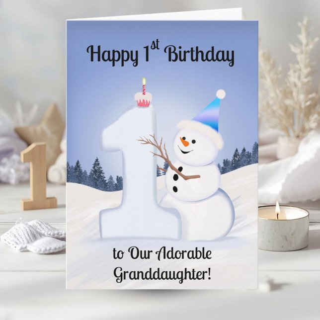 Cartão Granddaughter Happy 1st Birthday Snowman Building (Criador carregado)