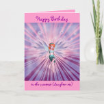 Cartão Granddaughter happy birthday customizable<br><div class="desc">A magical modern day fairy with purple wings, an alice band in her red hair and one leg lifted while flying through a pastel colored starburst of pinks and purples in space. This product will delight any little girl on a special day or their birthday, whether it is your daughter,...</div>