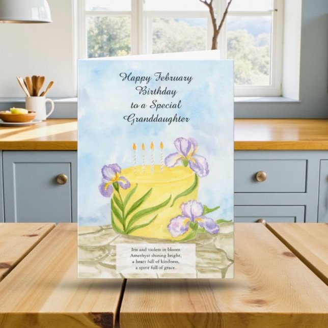 Cartão Granddaughter Happy February Irises Birthday Cake (Criador carregado)