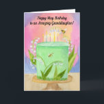 Cartão Granddaughter Happy May Birthday Lily of Valley<br><div class="desc">A whimsical May birthday card for your granddaughter, where lily of the valley drifts like tiny bells around a softly frosted mint cake, symbolizing joy, innocence, and new beginnings. This hand-painted watercolor glows with blush, lavender, and golden light, with delicate candles and playful garden details adding a sense of wonder....</div>