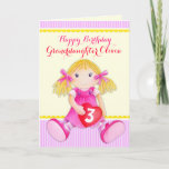 Cartão Granddaughter rag doll third birthday<br><div class="desc">Whimsical girls ragdoll painted birthday greetings card,  ideal for a little girl's birthday. Cute pink,  red,  purple,  yellow and white colors. Personalize with your own granddaughter's name and age. Original watercolor painting and design by Sarah Trett for www.mylittleeden.com on Zazzle.</div>