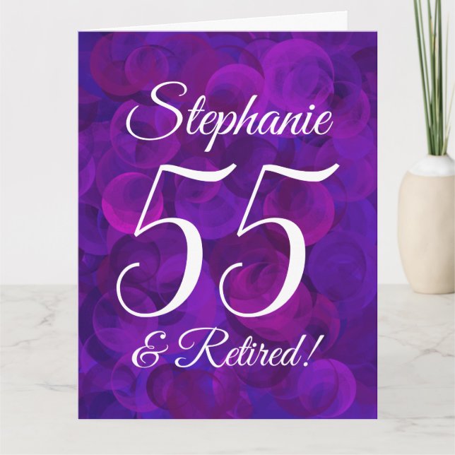 Cartão Grande Aposentação Feliz 55 Roxo Elegante (Frente)