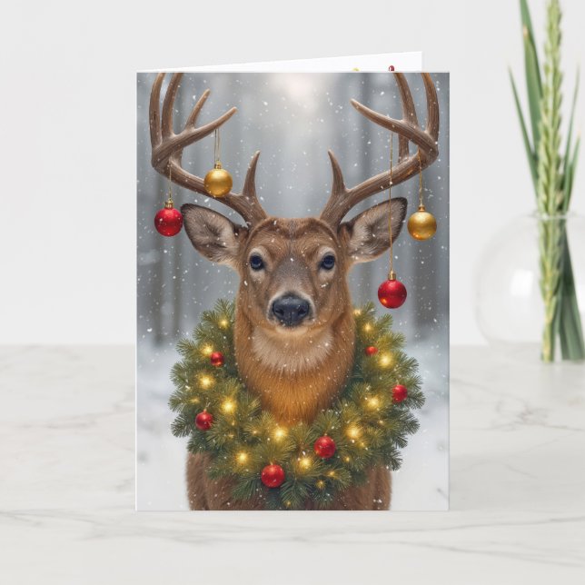 Cartão Grande cervo usando uma grinalda de Natal brilhant (Frente)