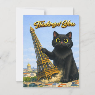 Cartão Grande Gato Preto Derruba a Torre Eiffel Pensando