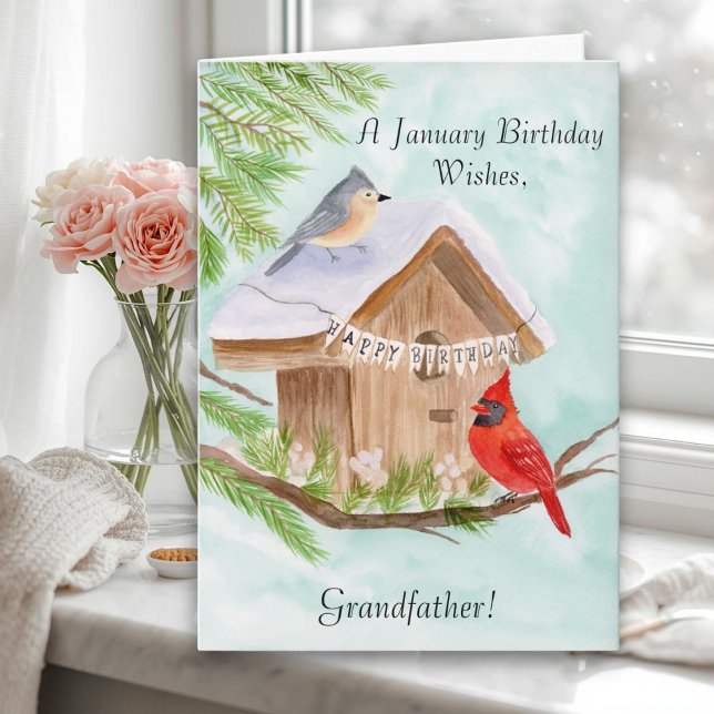 Cartão  Grandfather Happy January Birthday Birds (Criador carregado)