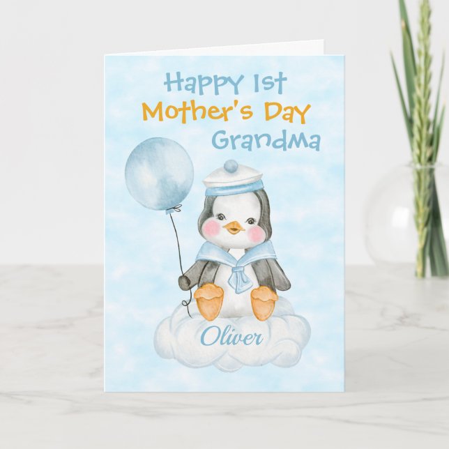 Cartão Grandma 1st Mother's Day  Penguin Blue (Frente)