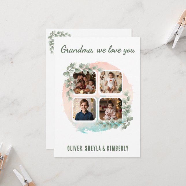 Cartão Grandma we love you 6 Photo Collage Eucalyptus (Frente/Verso In Situ)