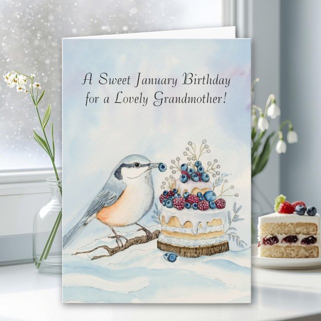 Cartão Grandmother Happy January Birthday Nuthatch  (Criador carregado)