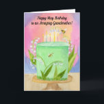 Cartão Grandmother Happy May Birthday Lily of Valley<br><div class="desc">A whimsical May birthday card for your grandmother, where lily of the valley drifts like tiny bells around a softly frosted mint cake, symbolizing joy, innocence, and new beginnings. This hand-painted watercolor glows with blush, lavender, and golden light, with delicate candles and playful garden details adding a sense of wonder....</div>