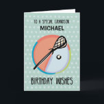 Cartão Grandson 14th Birthday Lacrosse Sport Personalize<br><div class="desc">When your grandson plays or loves the sport of lacrosse, this card will be perfect! A lacrosse stick with a ball is seen with a background in teal. Personalize it with his name, as well as his age! Whether turning 10 or 25, he will love seeing his name and age...</div>