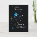 Cartão Grandson 16th Birthday Star Inspirational Blue<br><div class="desc">Black background sets off the white and blue stars. One large blue one stands out above the rest with the number 16 on it. Inspirational birthday card as your grandson turns 16,  with a beautiful sentiment inside.</div>