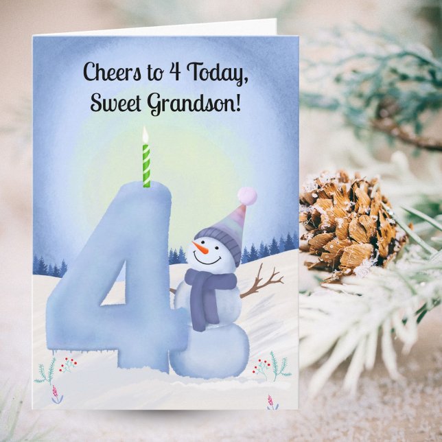 Cartão Grandson 4th Birthday Snowman with Snowy Four (Criador carregado)