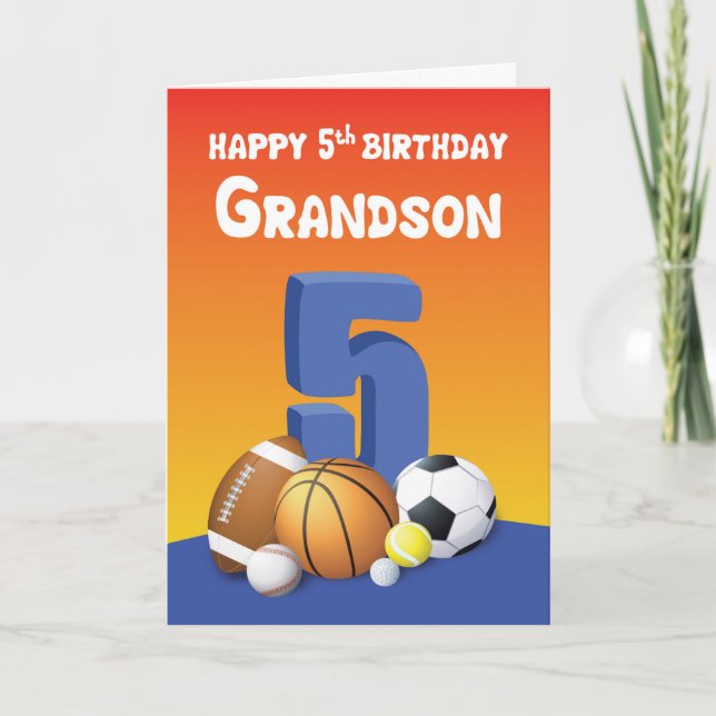 Cartão Grandson 5th Birthday Sports Balls (Frente)