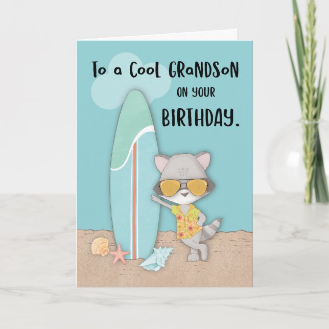 Cartão Grandson Birthday Beach Funny Raccoon Legal (Frente)