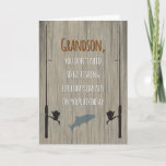 Cartão Grandson Birthday, Fishing for Compliments<br><div class="desc">Birthday card for any grandson who loves to fish. Front features rod and reel silhouettes along with a jumping fish on a wood grain background with a distressed effect. Clever fishing puns on front and inside are sure to bring a smile.</div>