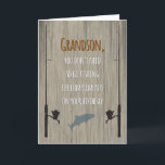 Cartão Grandson Birthday, Fishing for Compliments<br><div class="desc">Birthday card for any grandson who loves to fish. Front features rod and reel silhouettes along with a jumping fish on a wood grain background with a distressed effect. Clever fishing puns on front and inside are sure to bring a smile.</div>