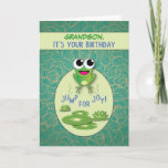 Cartão Grandson, Birthday Frog, Custom Name<br><div class="desc">Customize the relationship or add a name to personalize this card. Wish your grandson a happy birthday with this cute hopping frog!</div>