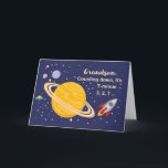 Cartão Grandson Birthday Planets in Outer Space, Rocket<br><div class="desc">Wish your grandson a happy birthday that is out of this world! Saturn is seen in the golden yellow color with stars and other planets surrounding it. A rocket ship has just blasted off to wish happy birthday.</div>