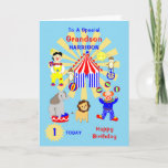 Cartão Grandson Circus Clown Fun Happy Birthday<br><div class="desc">Super cute cartoon Circus clowns and animals including a lion,  elephant and cheeky monkeys; such a fun and colorful card and easy to customize with a name s and messages for that extra special touch at no extra cost.</div>