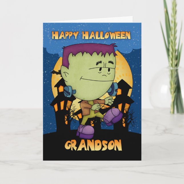 Cartão grandson halloween card with frankie stomping (Frente)