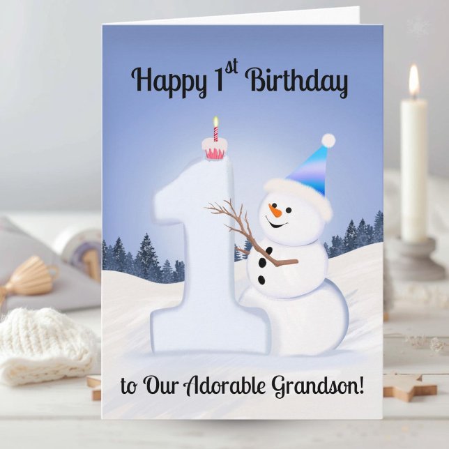 Cartão Grandson Happy 1st Birthday Snowman Building One (Criador carregado)