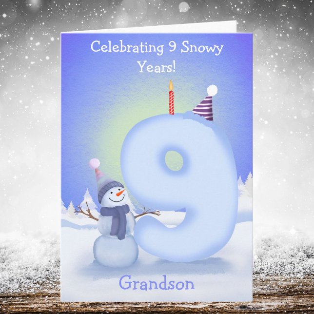 Cartão Grandson Happy 9th Birthday Snowman Building  (Criador carregado)