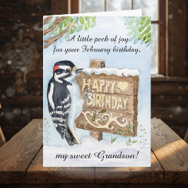 Cartão Grandson Happy February Birthday Woodpecker