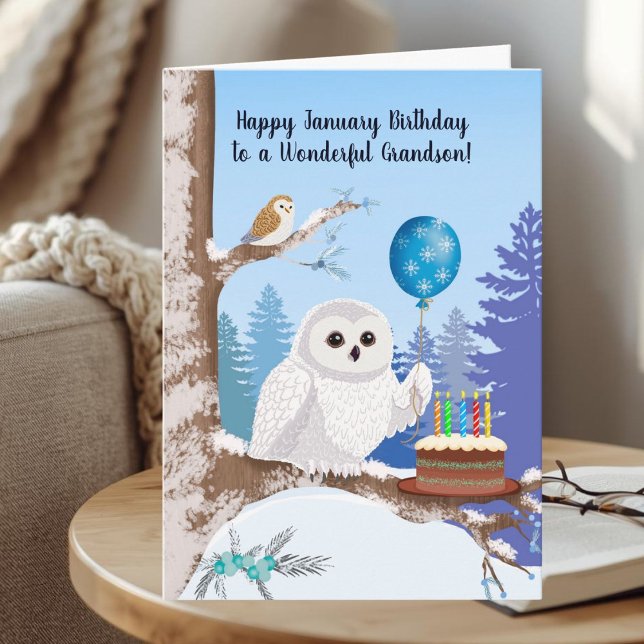 Cartão Grandson Happy January Birthday Snowy Owl (Criador carregado)